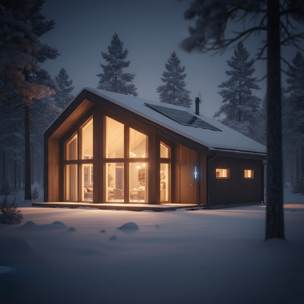 Smart svenskt hem i snö som sparar energi.